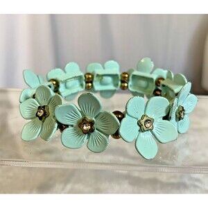 VTG 60s Aqua Blue Enamel Flower Rhinestone Stretch Bracelet Mod Floral Retro
